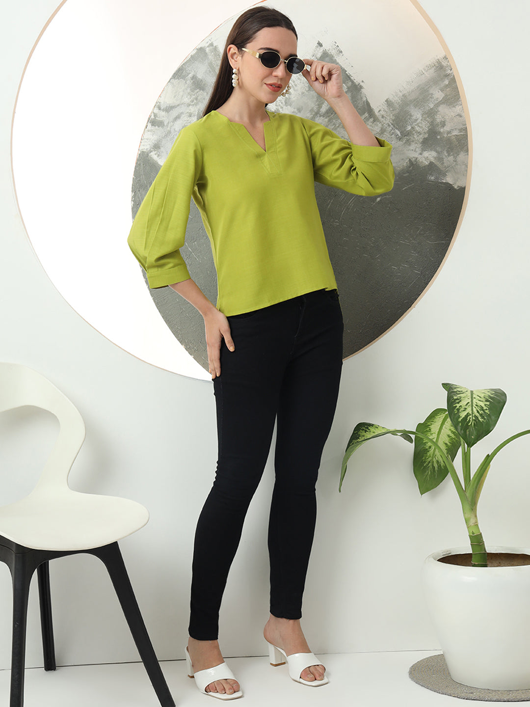 self designed v neck regular sleeve top for women 2