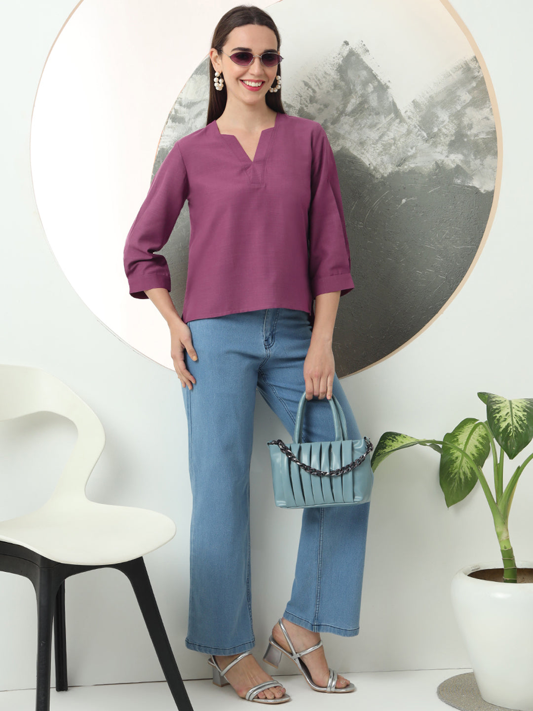 self designed v neck regular sleeve top for women 2