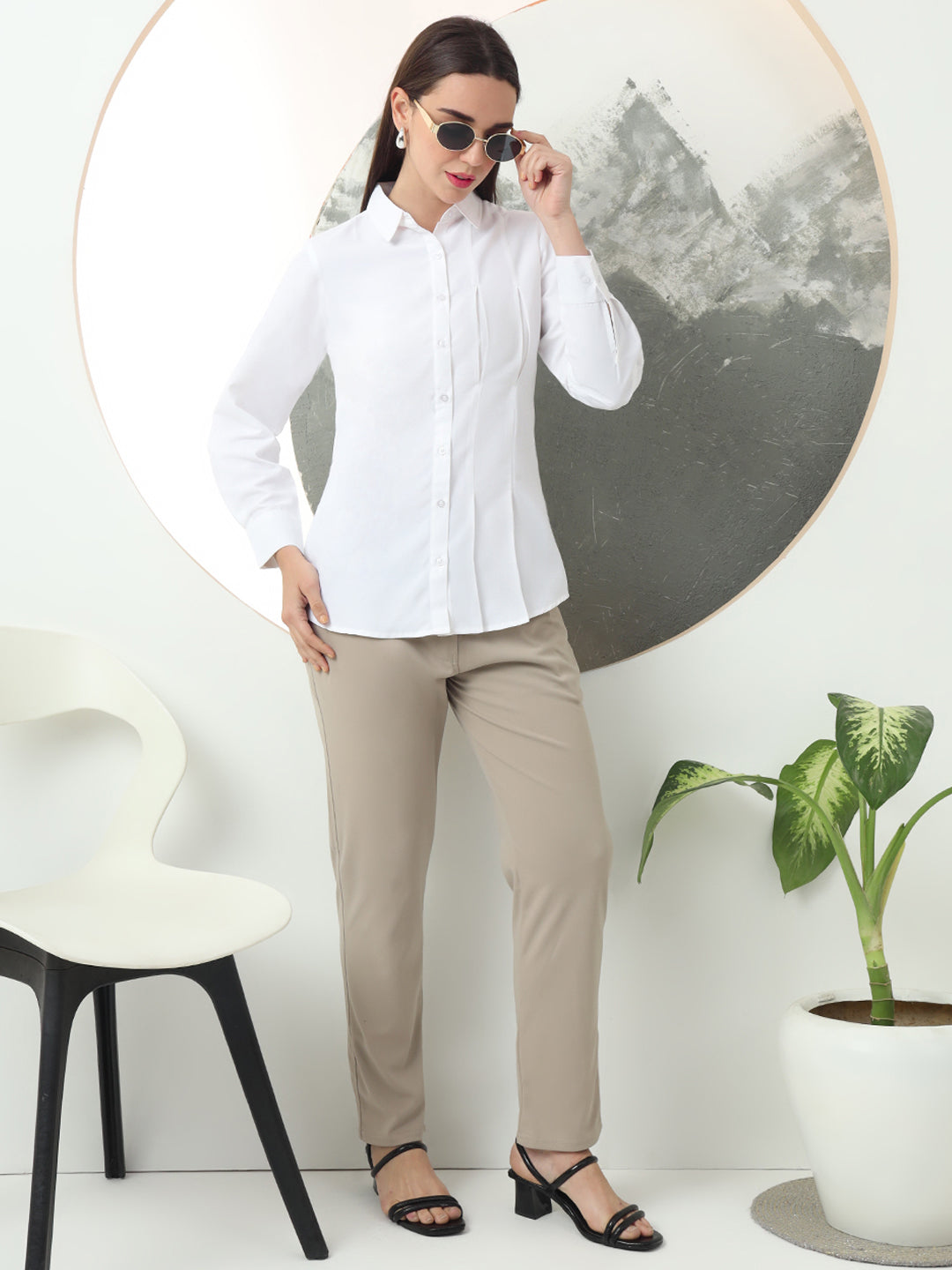 self designed women classic spread collar solid casual shirt