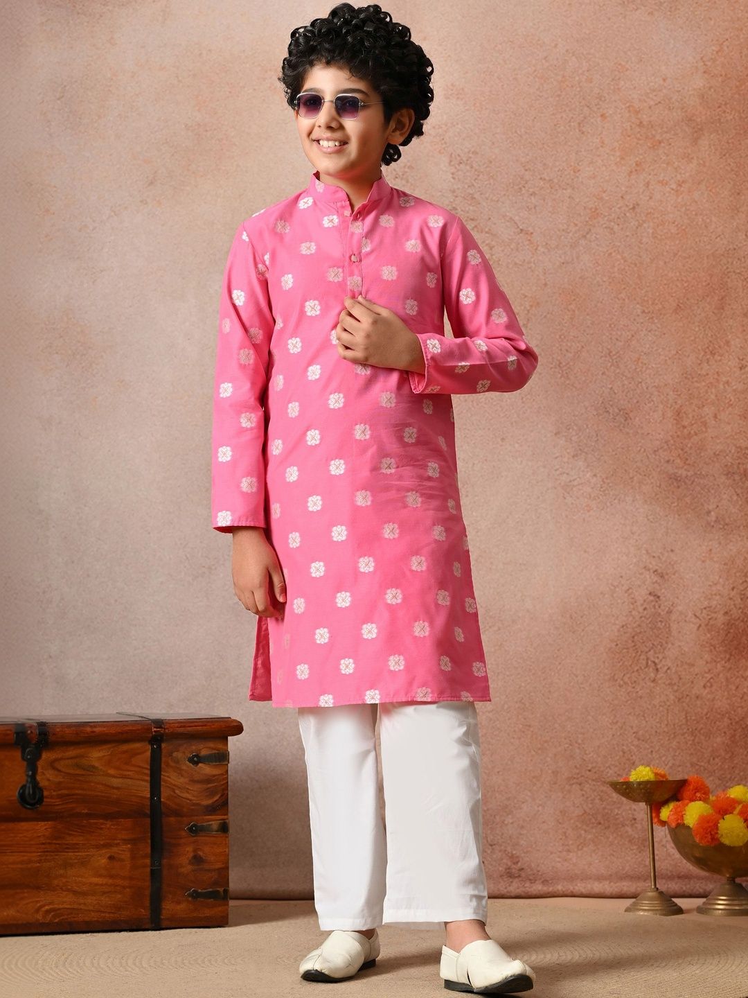 Indi Loom Couture Boys Pink Chanderi Jacquard Blazer Kurta with Pyjama Set ILBKS33