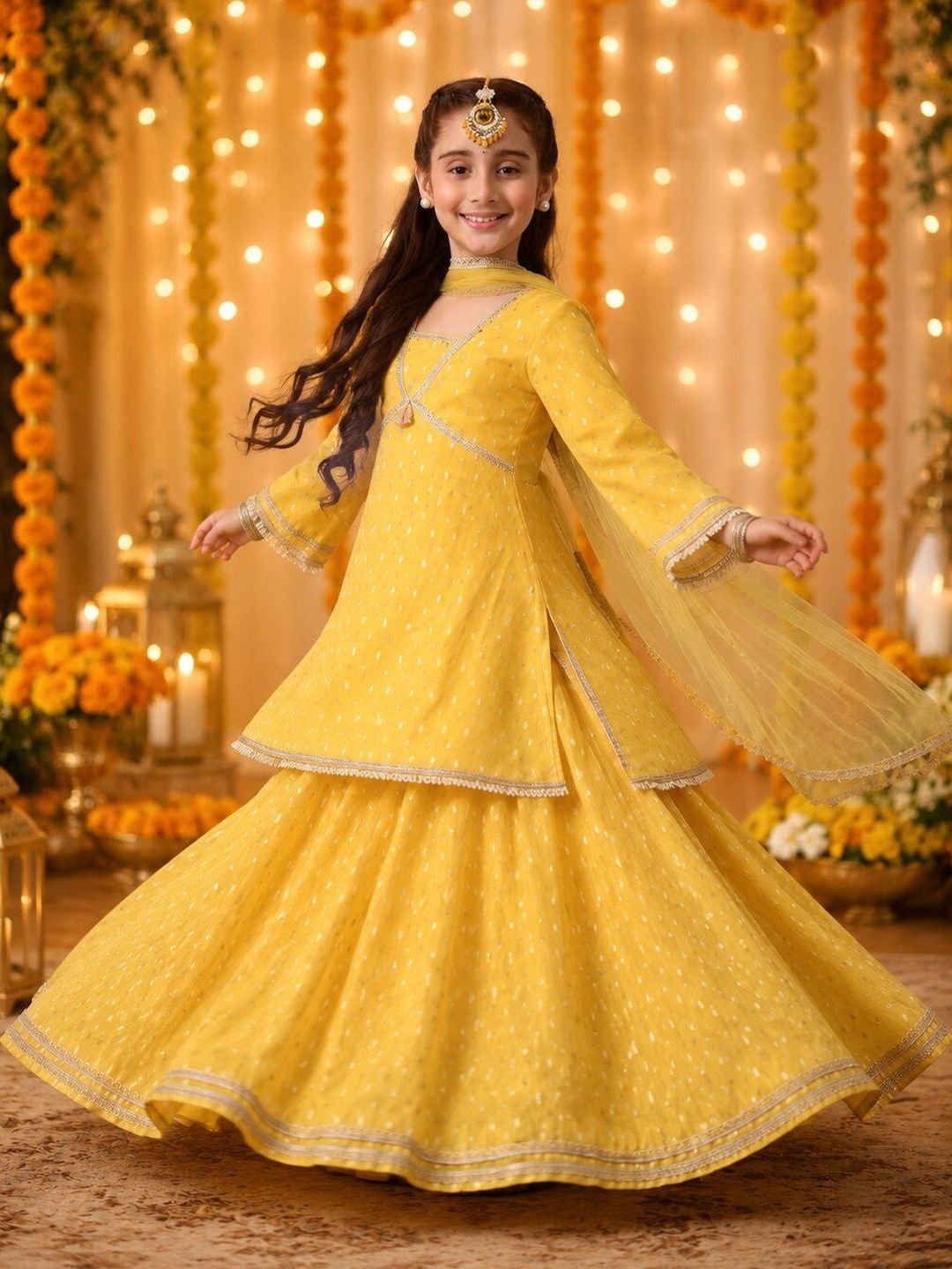 Indi Loom Couture Girls Yellow Chanderi Booti Kurta Skirt with Dupatta Set ILLCD39