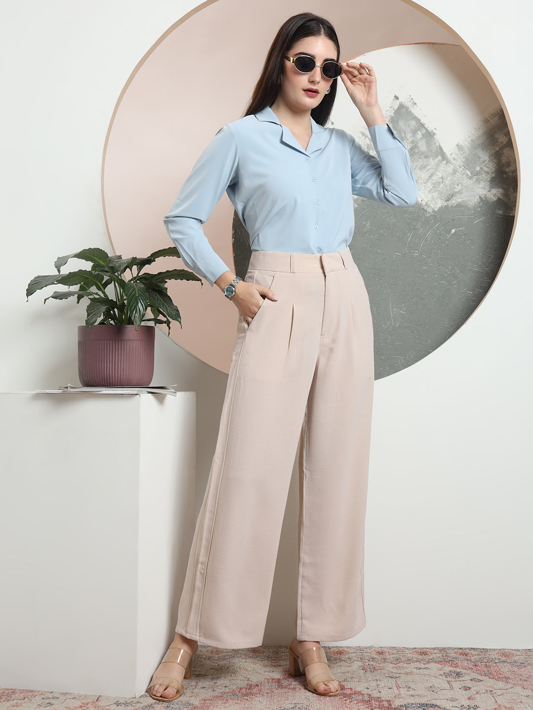 women relaxed flared high rise pleated formal trousers 2