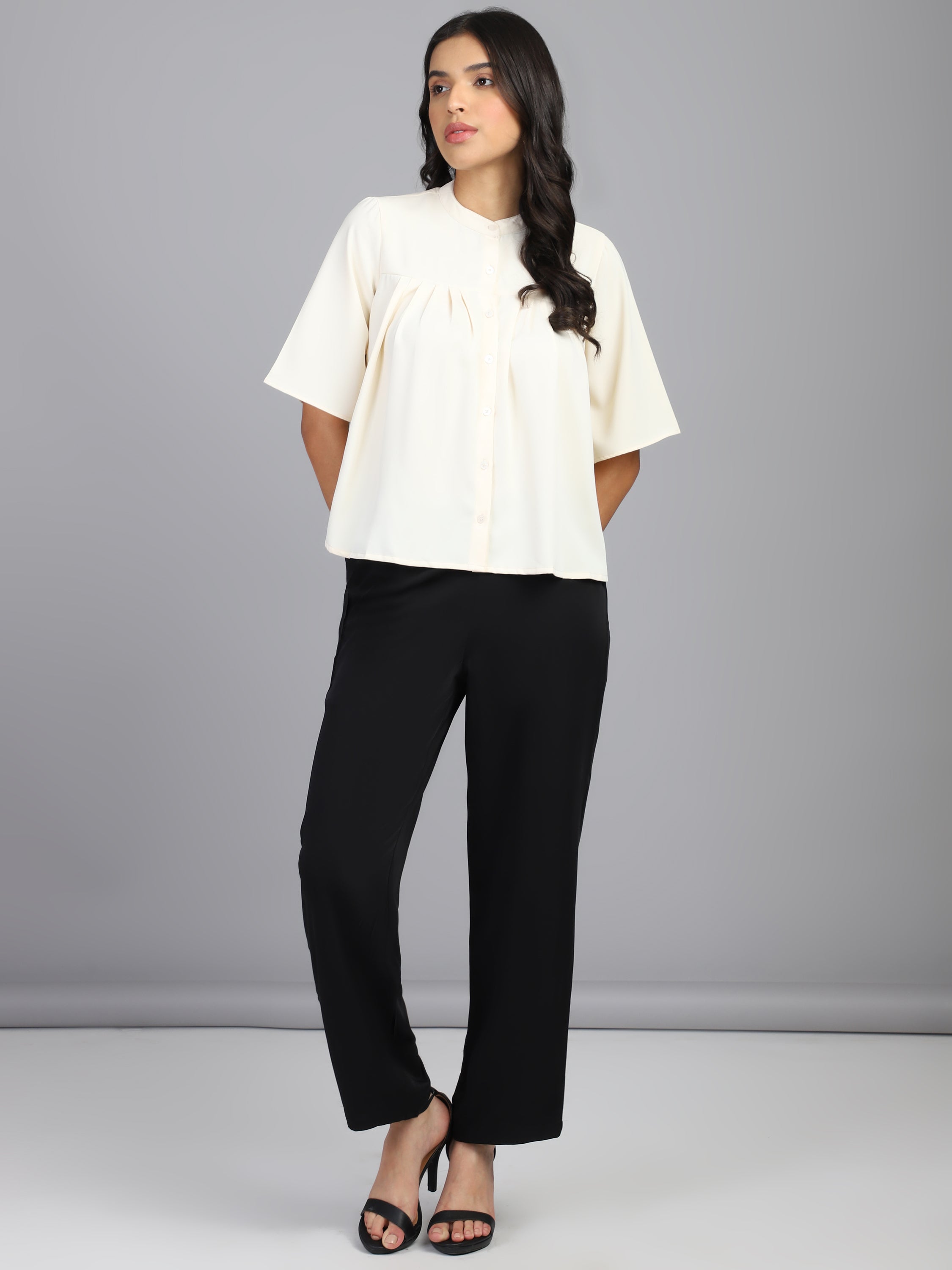 regular fit solid mandarin collar casual shirt 1