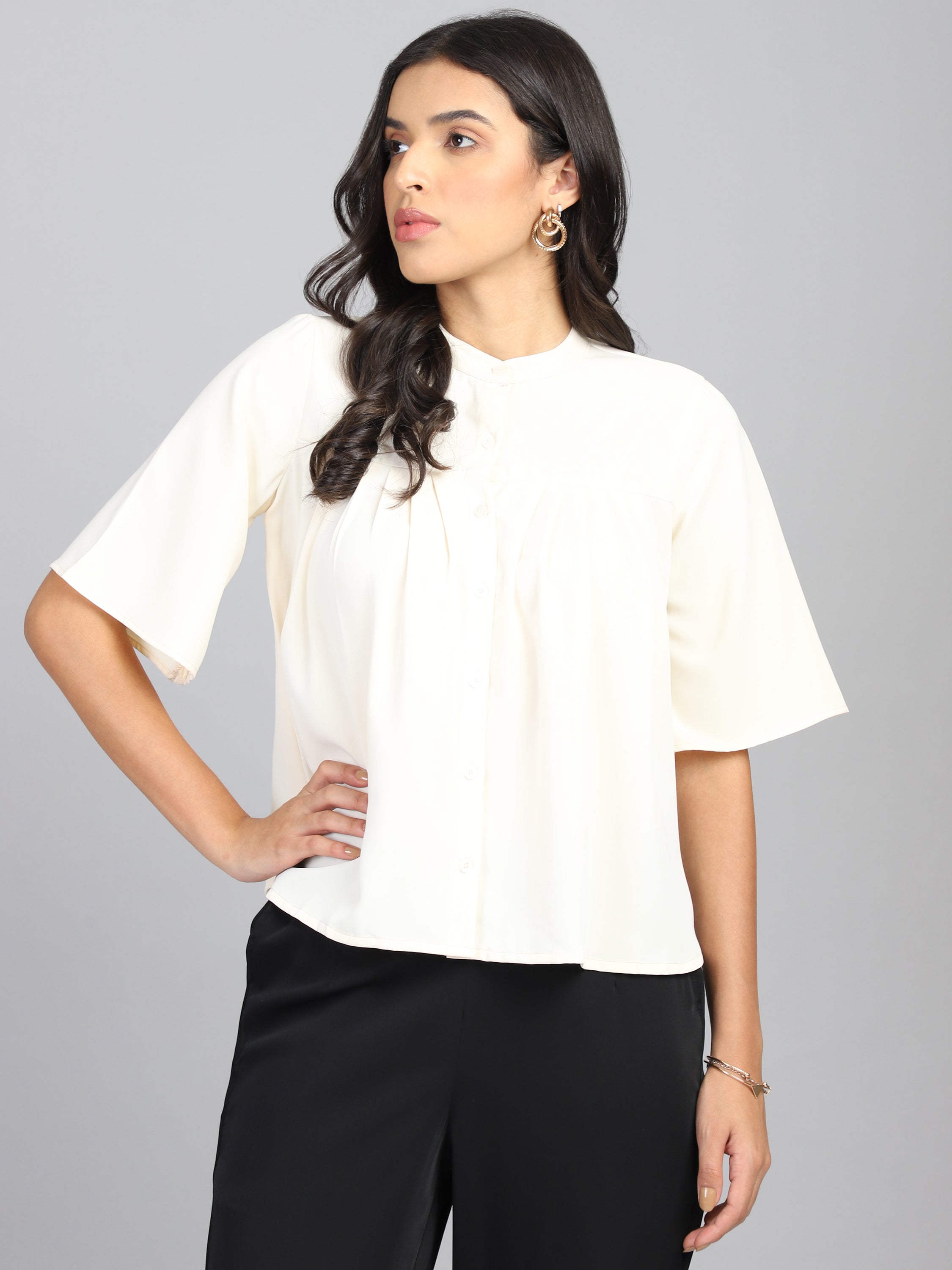 regular fit solid mandarin collar casual shirt 1