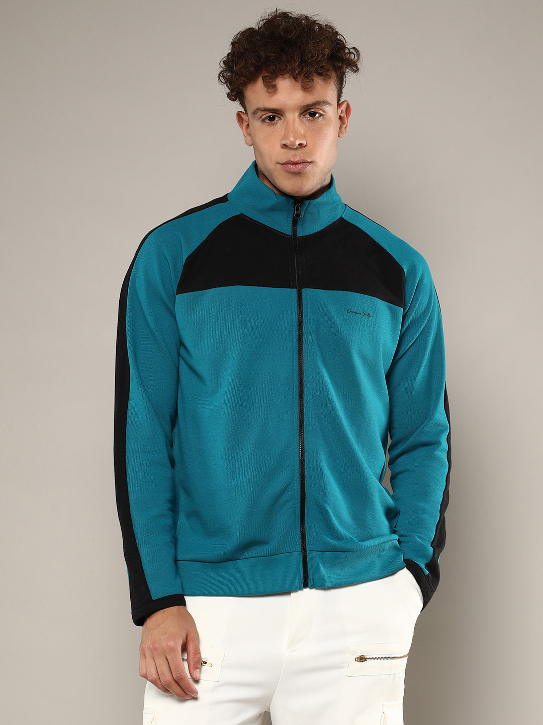 Mens Teal Blue Zip Front Jacket With Contrast Detail