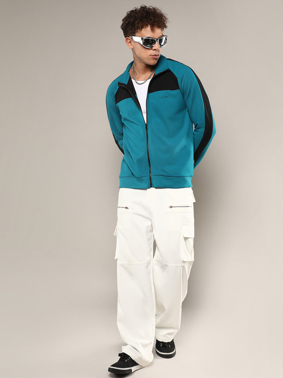 Mens Teal Blue Zip Front Jacket With Contrast Detail
