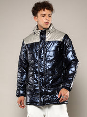 Mens Blue Beige Zip Front Puffer Jacket With Fur Detail