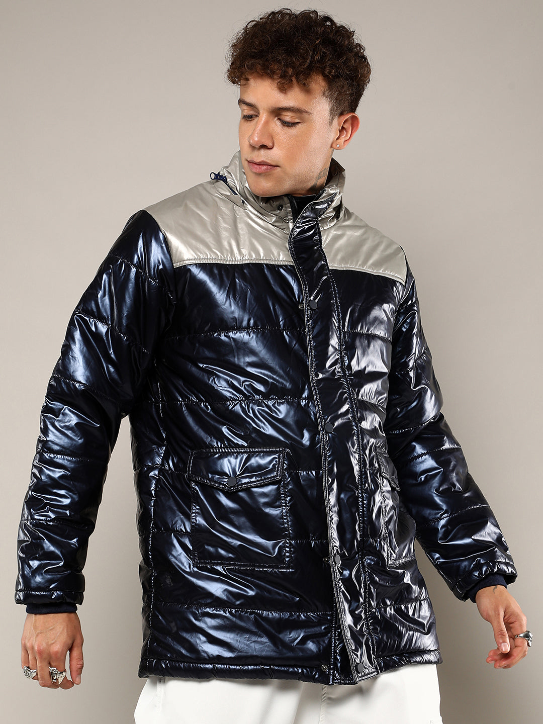 Mens Blue Beige Zip Front Puffer Jacket With Fur Detail