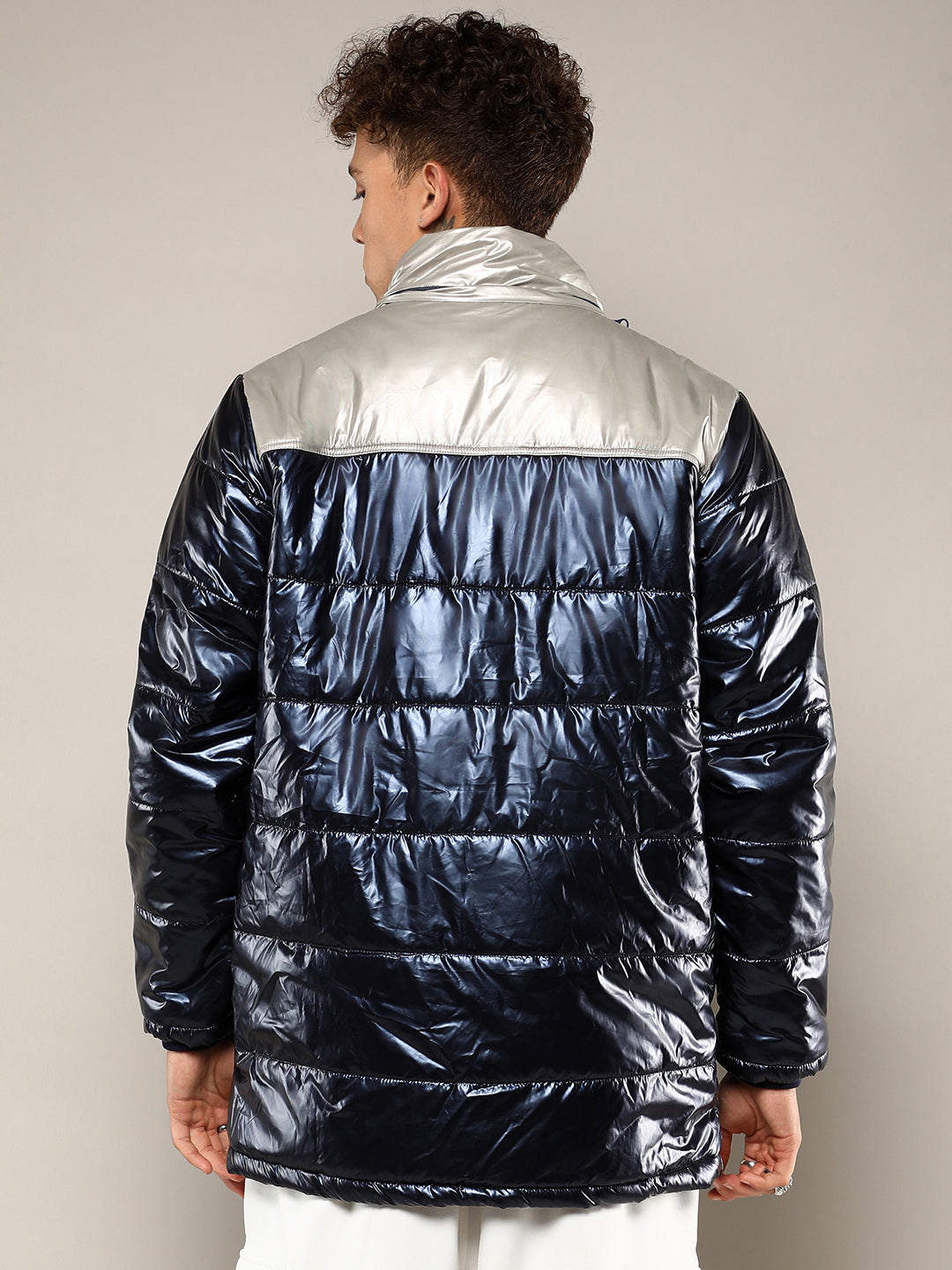 Mens Blue Beige Zip Front Puffer Jacket With Fur Detail