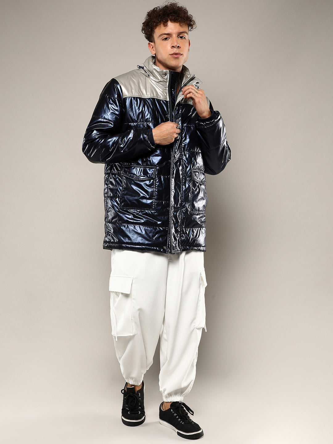 Mens Blue Beige Zip Front Puffer Jacket With Fur Detail