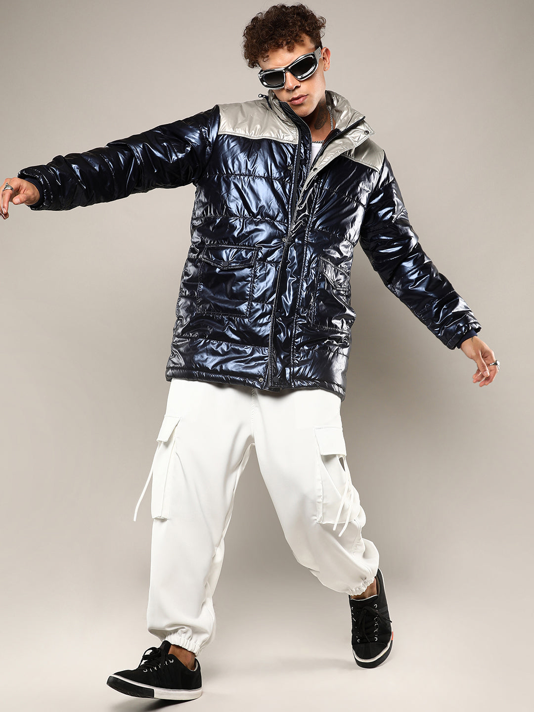 Mens Blue Beige Zip Front Puffer Jacket With Fur Detail