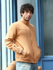 Mens Rust Orange Panel Stitch Knit Jacket