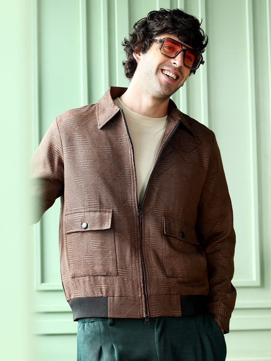 Mens Mocha Brown Geometric Jacquard Zip Front Jacket