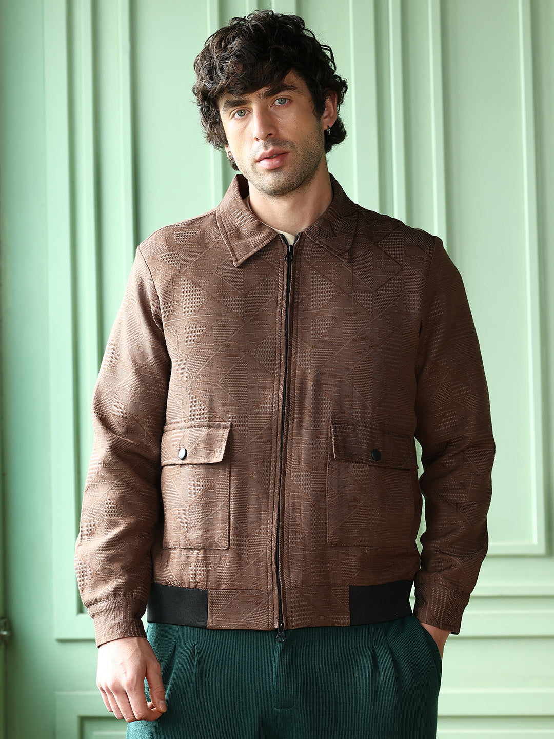 Mens Mocha Brown Geometric Jacquard Zip Front Jacket