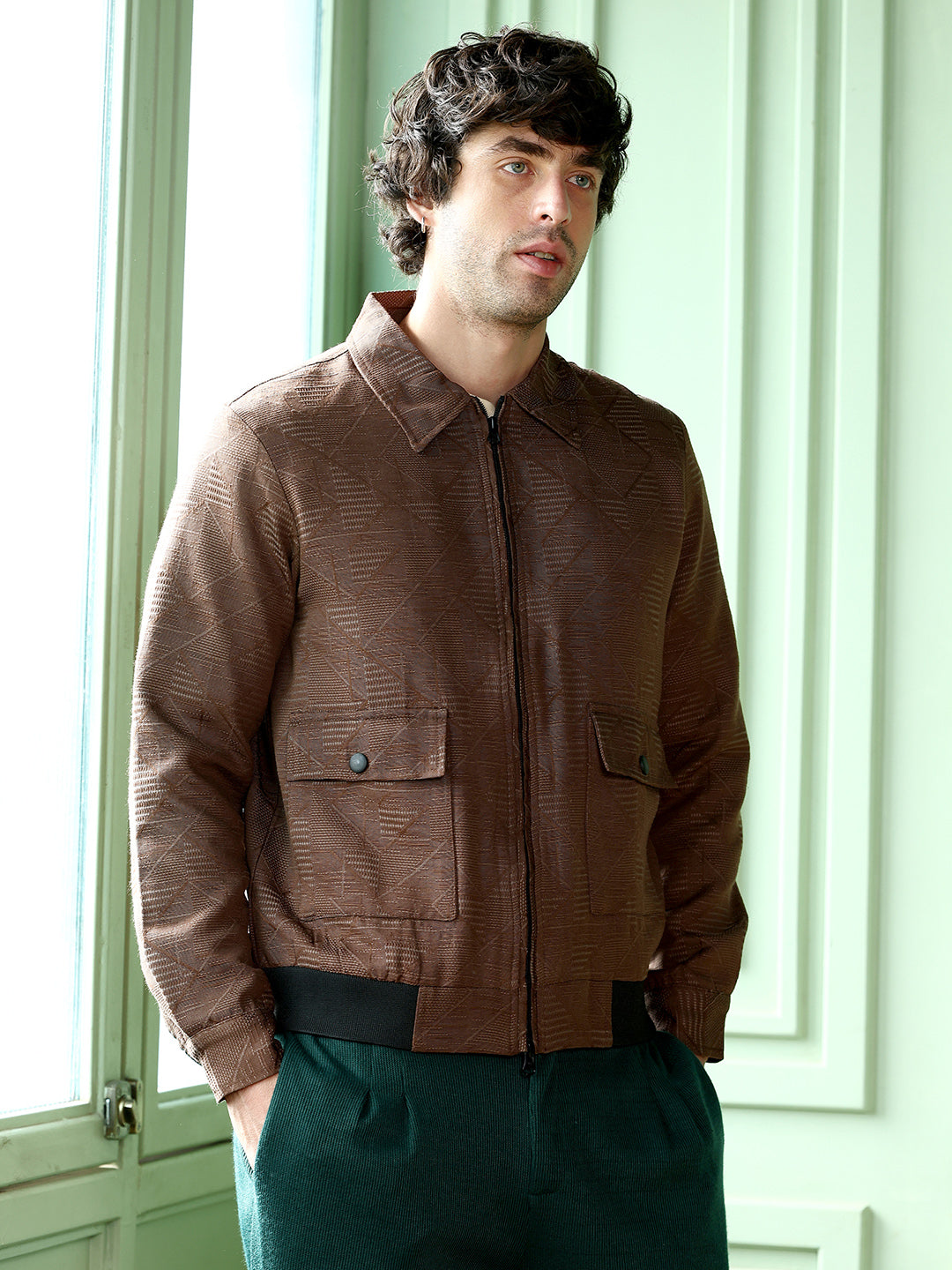 Mens Mocha Brown Geometric Jacquard Zip Front Jacket