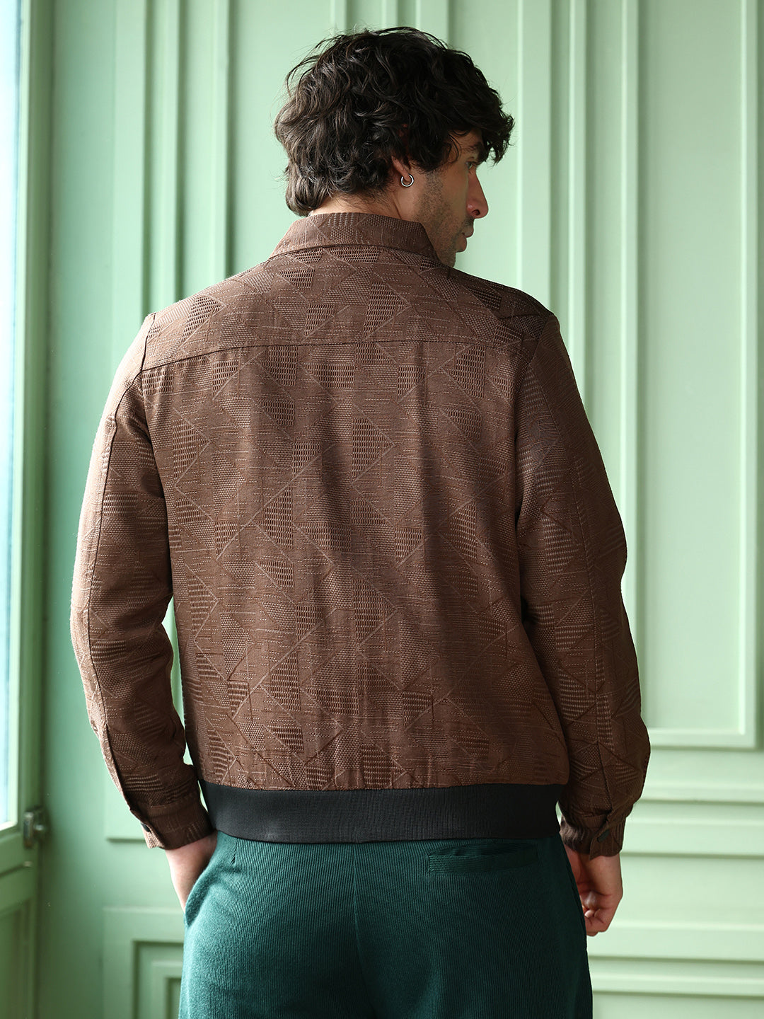 Mens Mocha Brown Geometric Jacquard Zip Front Jacket