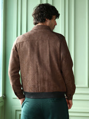 Mens Mocha Brown Geometric Jacquard Zip Front Jacket