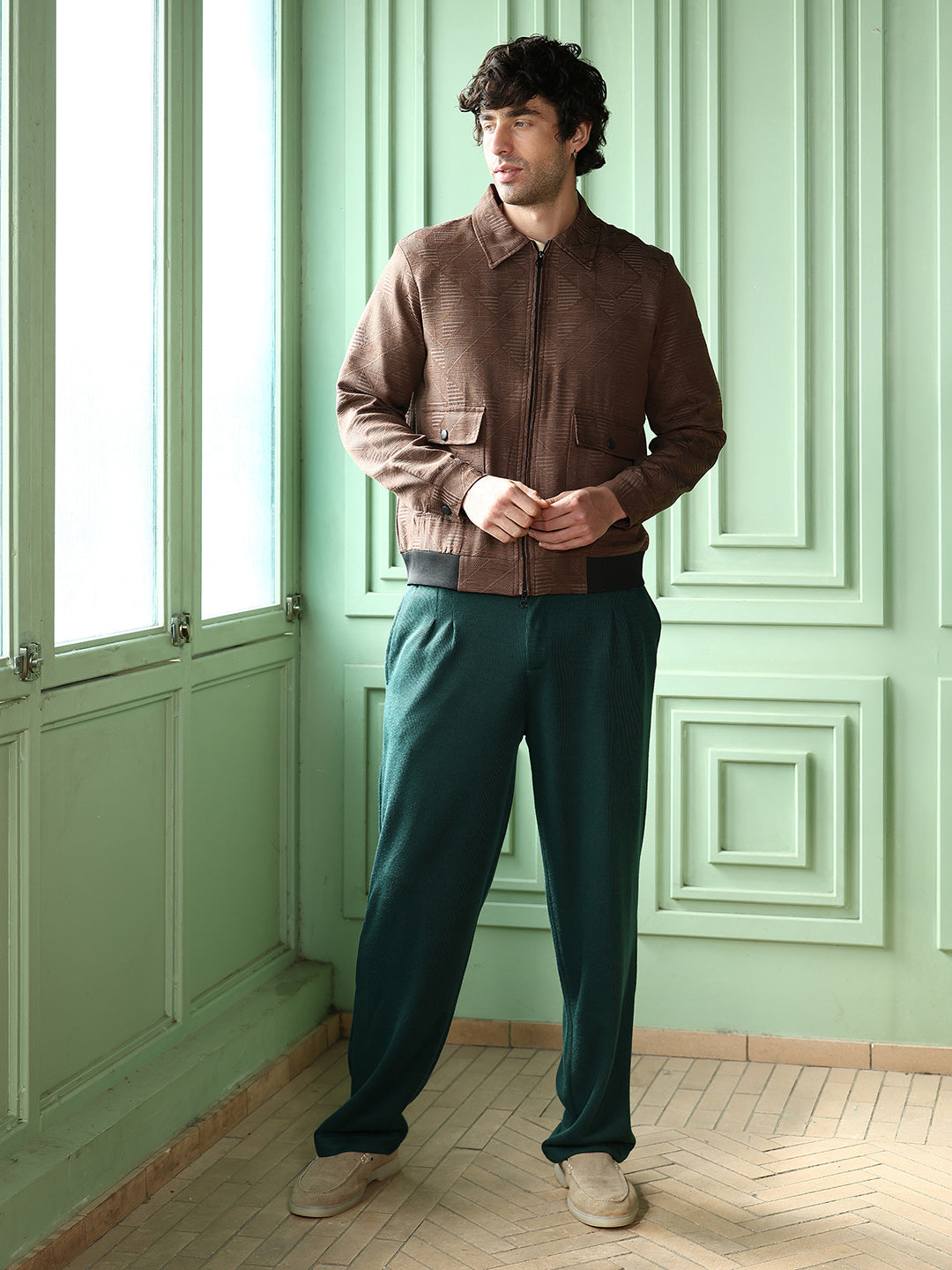 Mens Mocha Brown Geometric Jacquard Zip Front Jacket