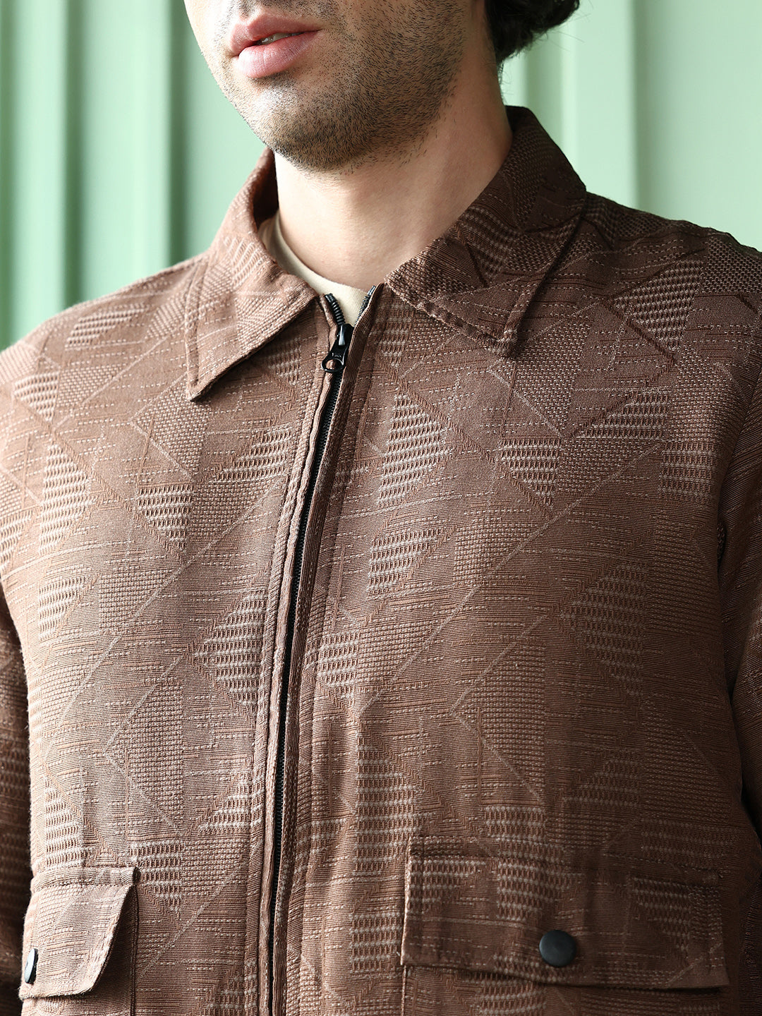 Mens Mocha Brown Geometric Jacquard Zip Front Jacket
