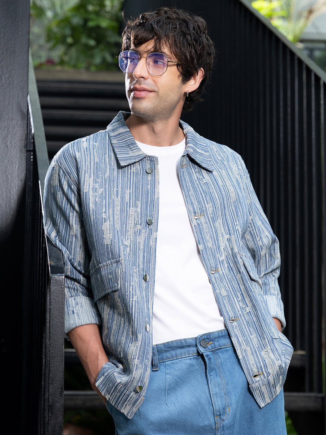 Mens Indigo Blue Relaxed Jacquard Denim Jacket