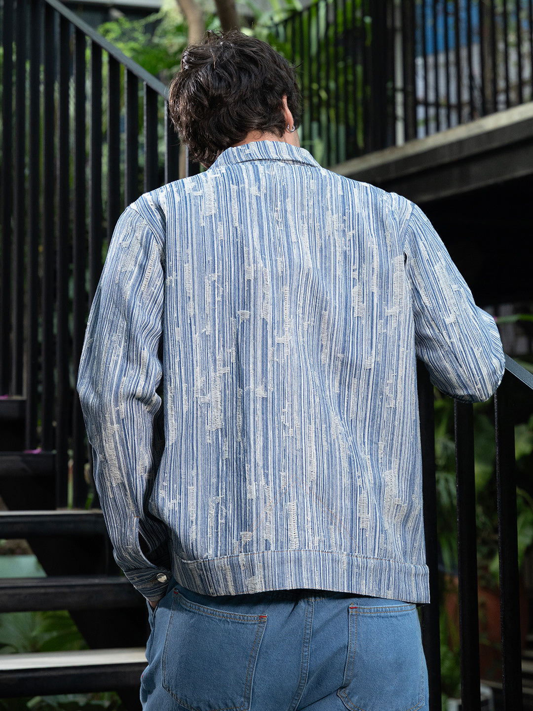 Mens Indigo Blue Relaxed Jacquard Denim Jacket