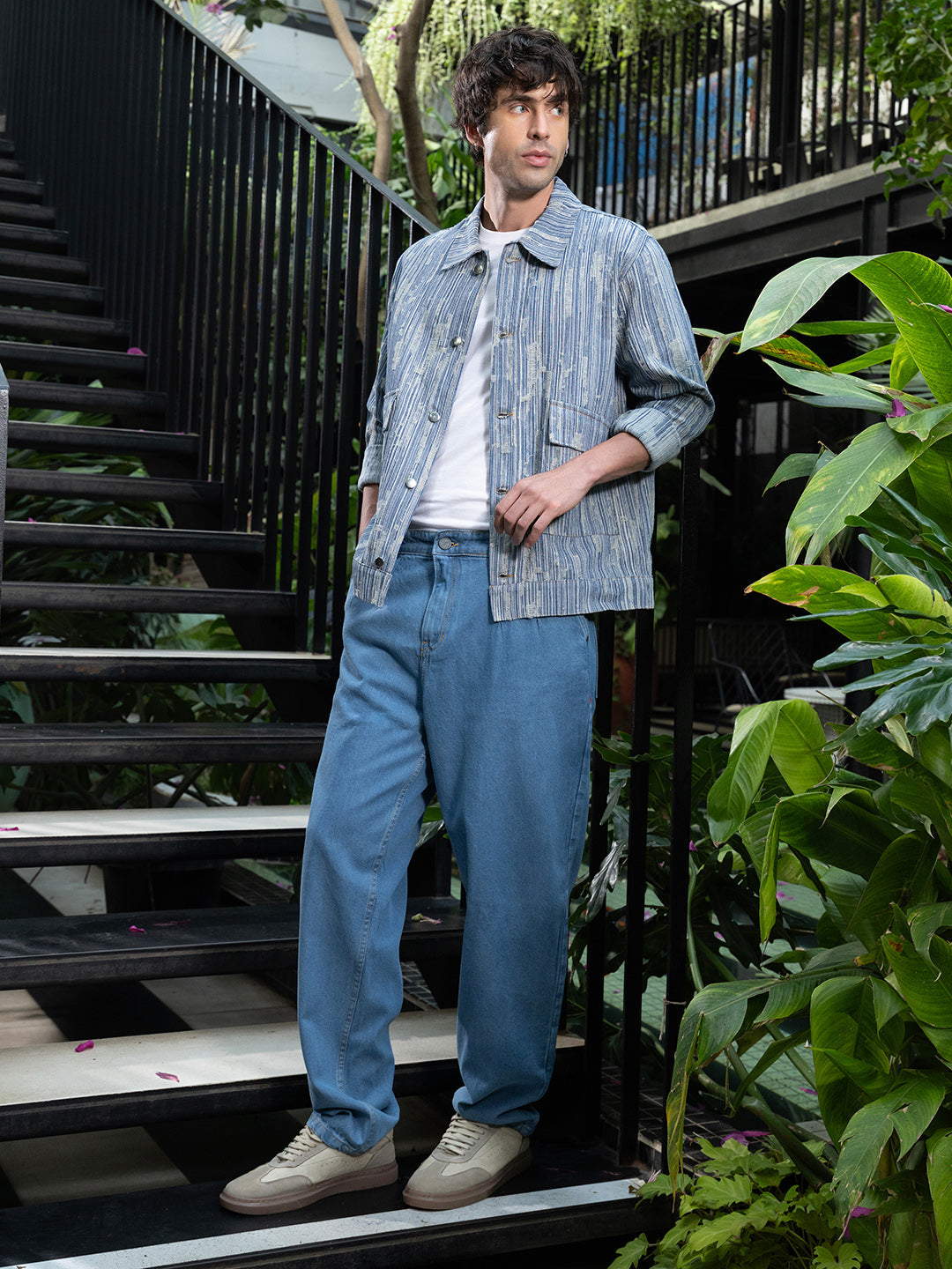 Mens Indigo Blue Relaxed Jacquard Denim Jacket