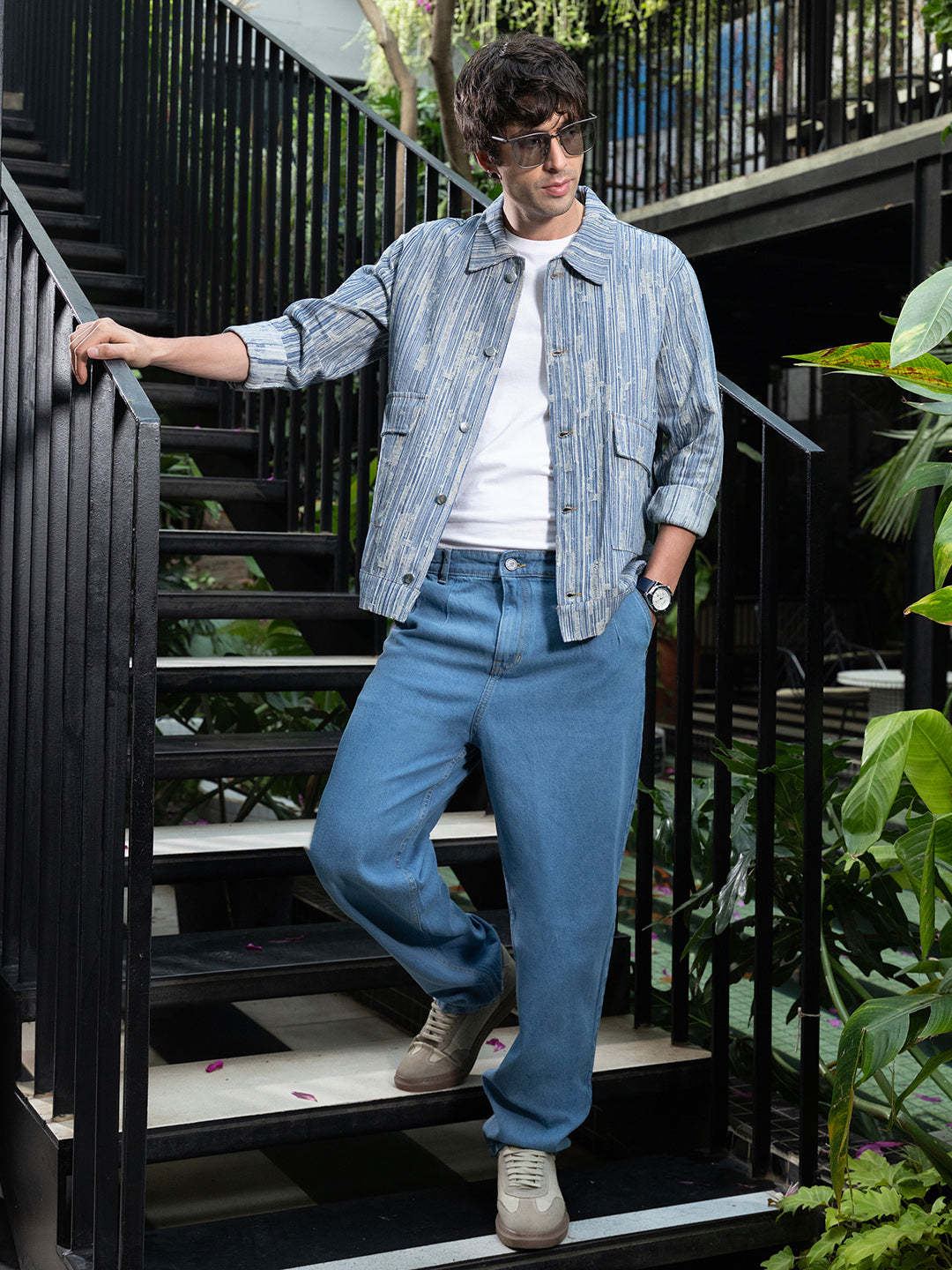 Mens Indigo Blue Relaxed Jacquard Denim Jacket