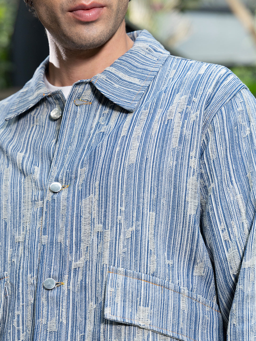 Mens Indigo Blue Relaxed Jacquard Denim Jacket