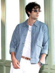 Mens Indigo Blue Relaxed Jacquard Denim Jacket