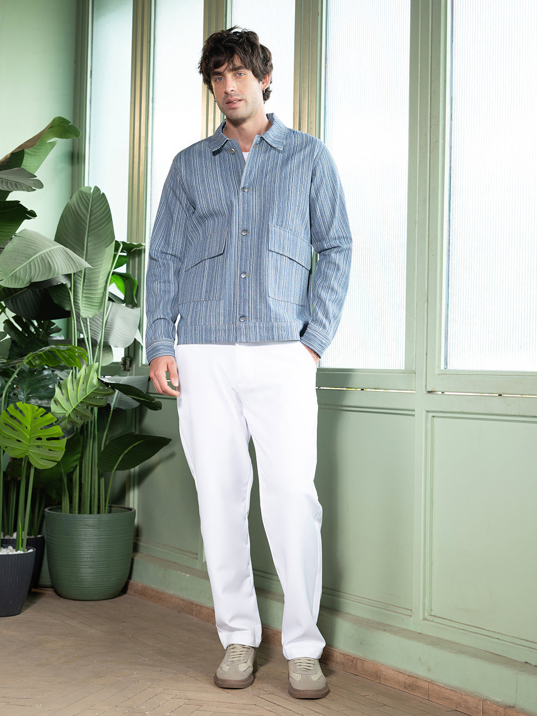 Mens Indigo Blue Relaxed Jacquard Denim Jacket