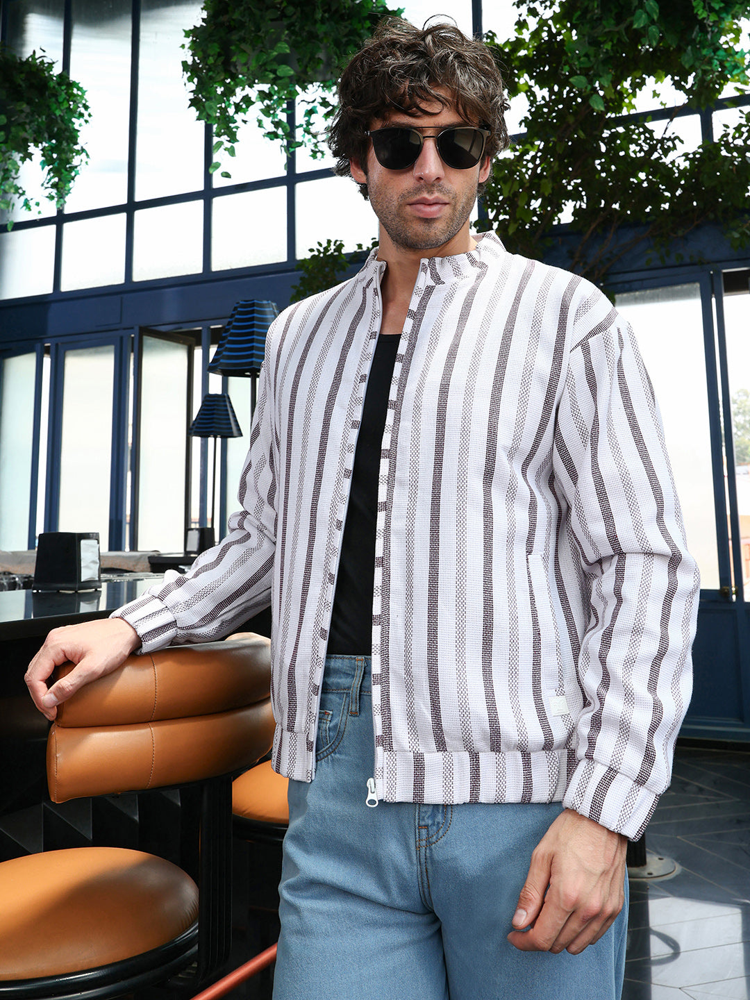Striped-Dobby Bomber Jacket
