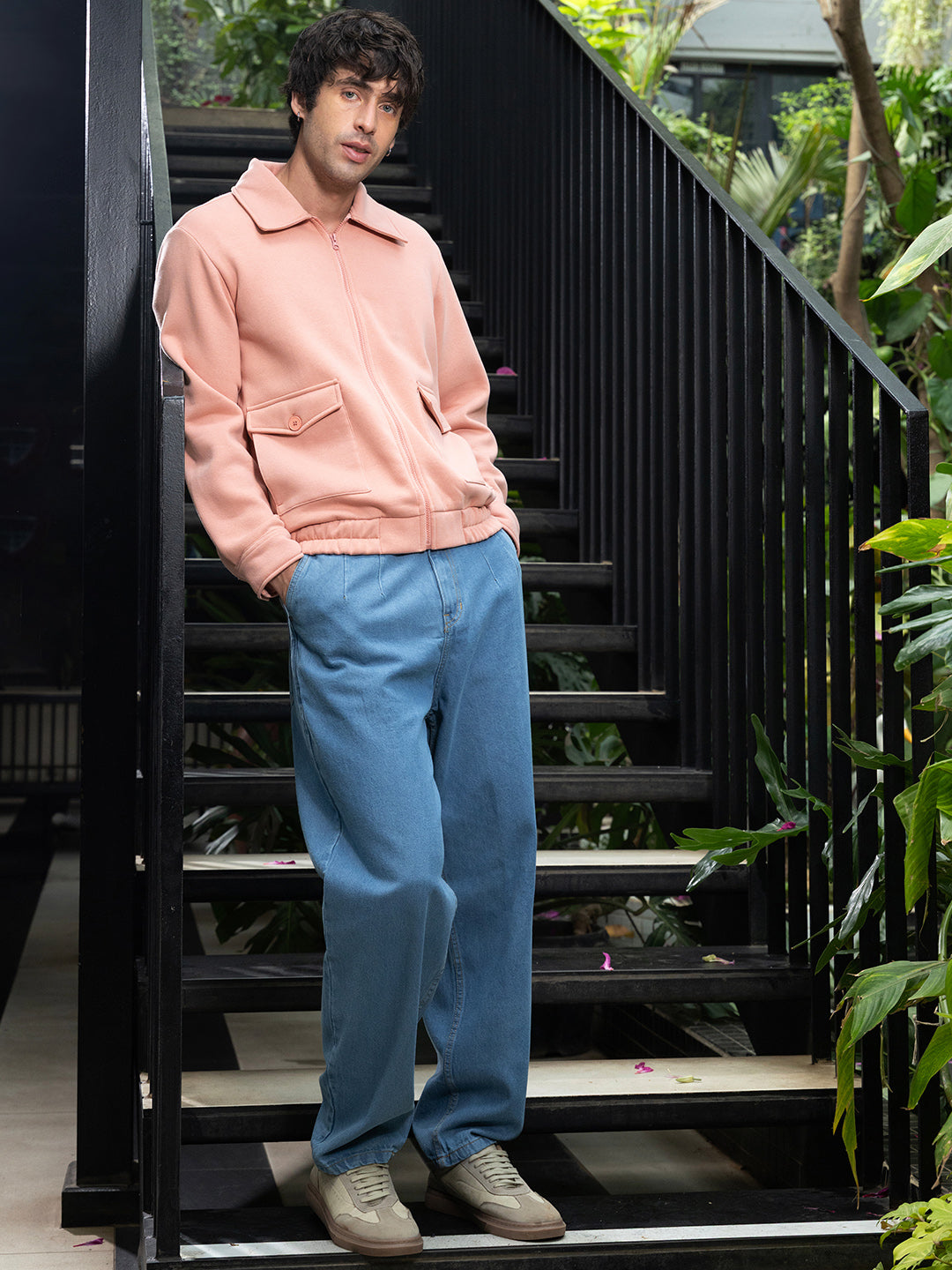 Mens Peach Pink Zip Front Knit Jacket