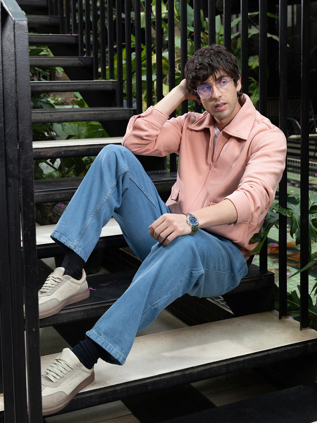 Mens Peach Pink Zip Front Knit Jacket