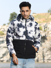 Mens Black White Tie Dye Block Puffer Jacket