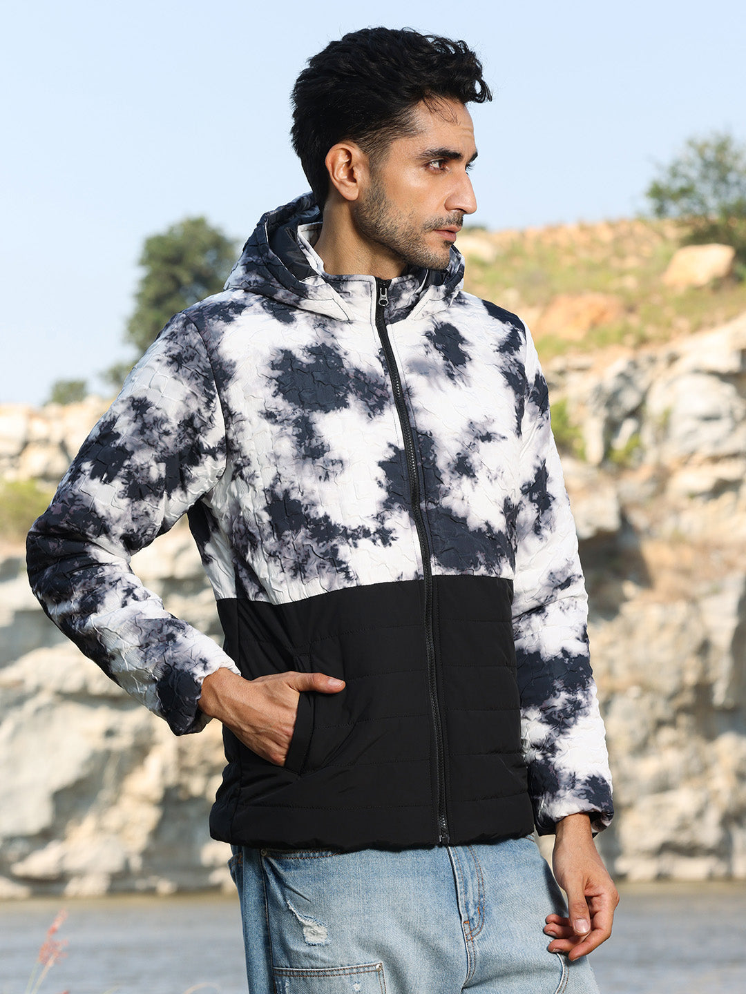 Mens Black White Tie Dye Block Puffer Jacket