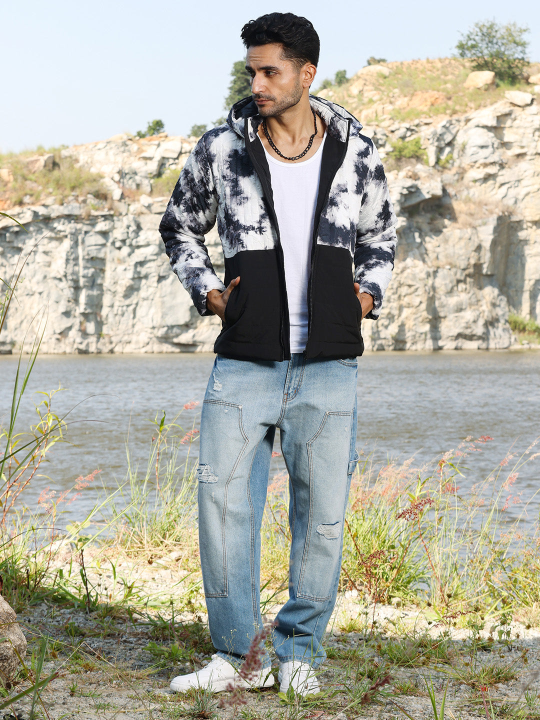 Mens Black White Tie Dye Block Puffer Jacket