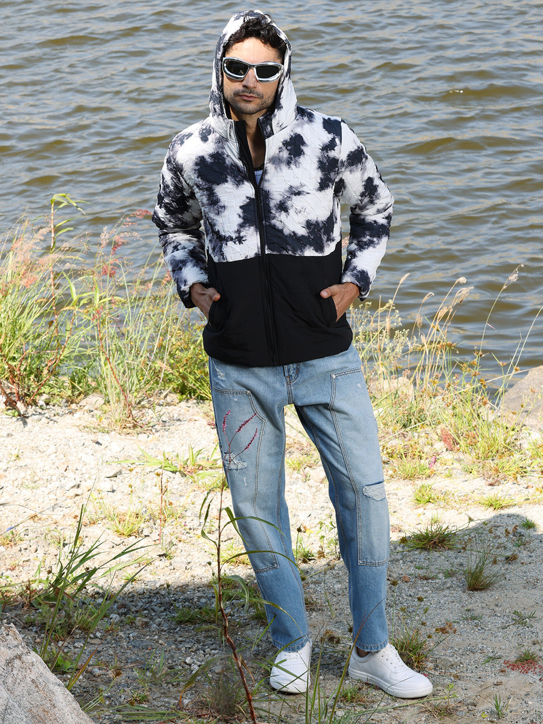 Mens Black White Tie Dye Block Puffer Jacket