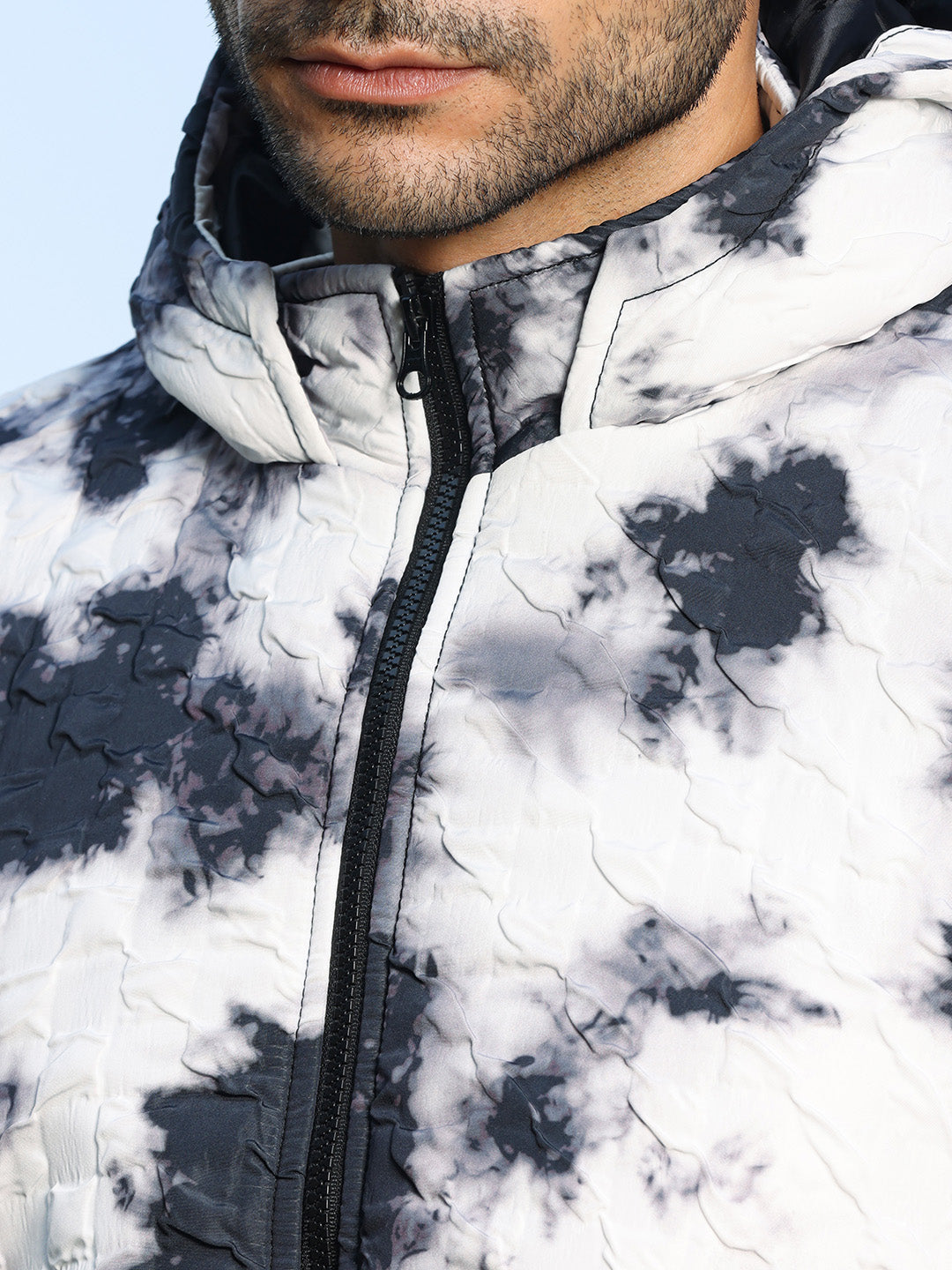 Mens Black White Tie Dye Block Puffer Jacket
