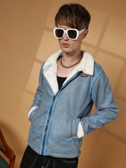 Mens Icy Blue Chalk White Fleece Lined Biker Jacket