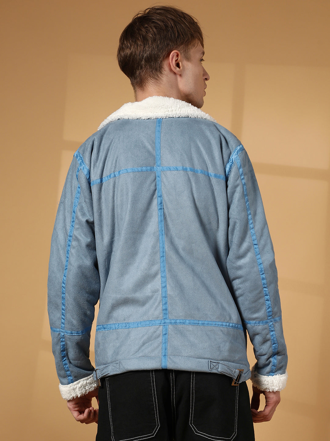 Mens Icy Blue Chalk White Fleece Lined Biker Jacket