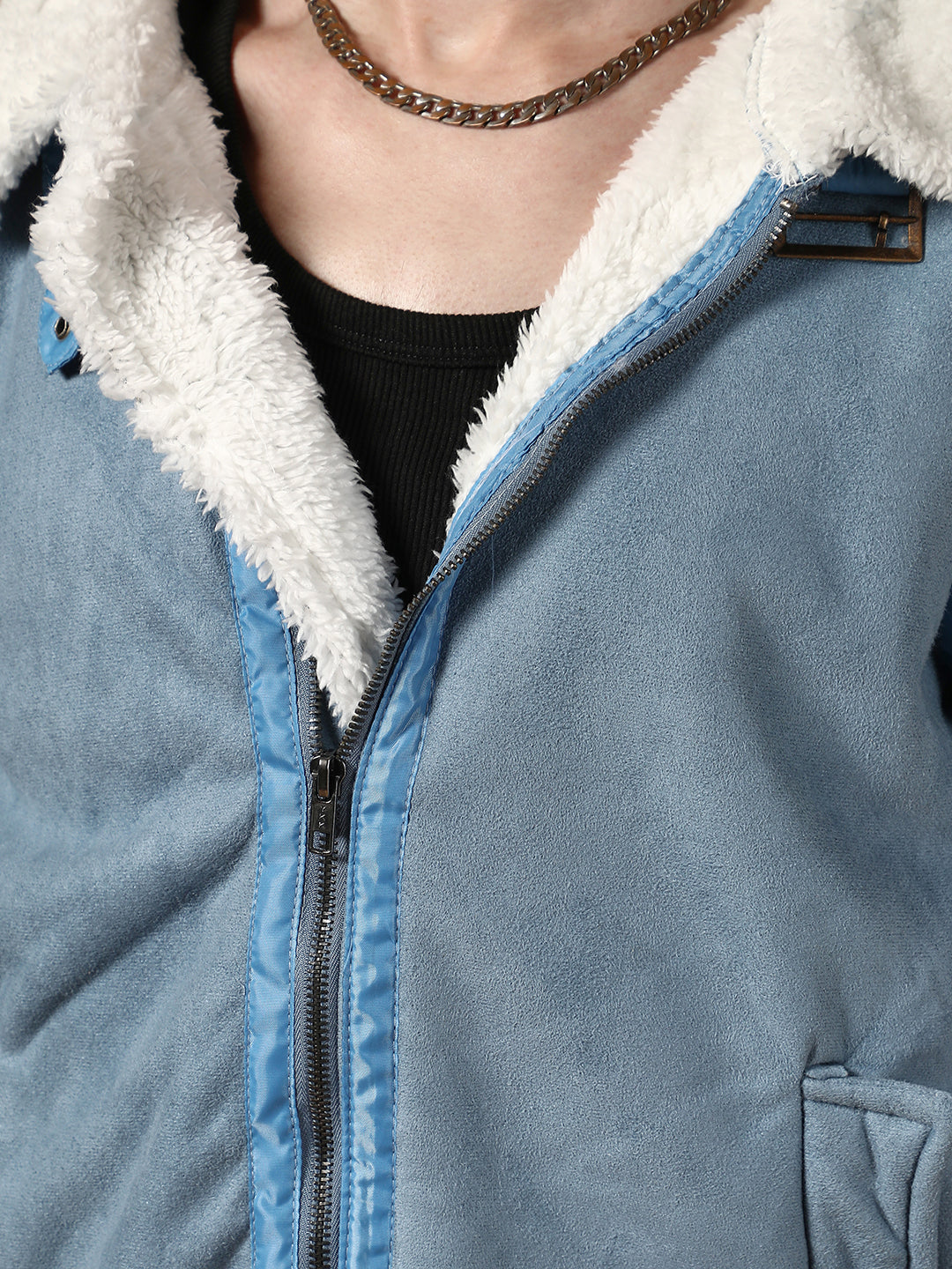 Mens Icy Blue Chalk White Fleece Lined Biker Jacket