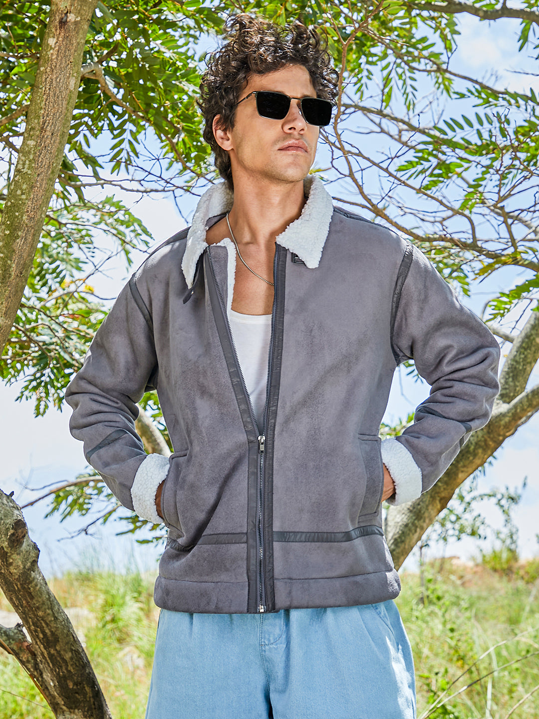 Mens Moon Grey Chalk White Fleece Lined Biker Jacket