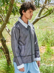 Mens Moon Grey Chalk White Fleece Lined Biker Jacket