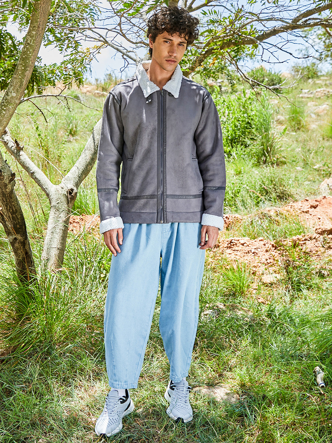 Mens Moon Grey Chalk White Fleece Lined Biker Jacket