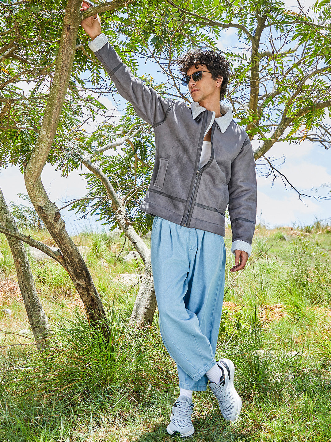 Mens Moon Grey Chalk White Fleece Lined Biker Jacket