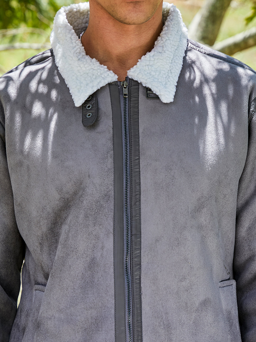 Mens Moon Grey Chalk White Fleece Lined Biker Jacket