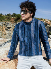 Mens Black Prussian Blue Striped Quilted Bomber Jacket