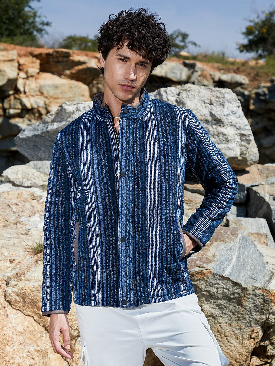 Mens Black Prussian Blue Striped Quilted Bomber Jacket