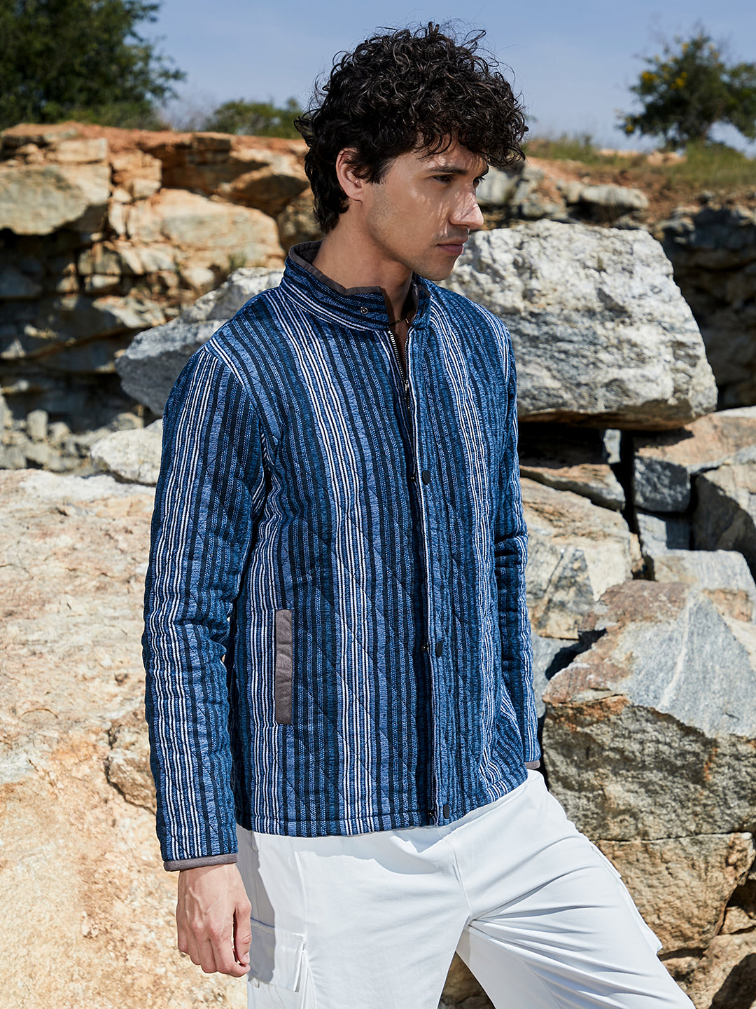 Mens Black Prussian Blue Striped Quilted Bomber Jacket