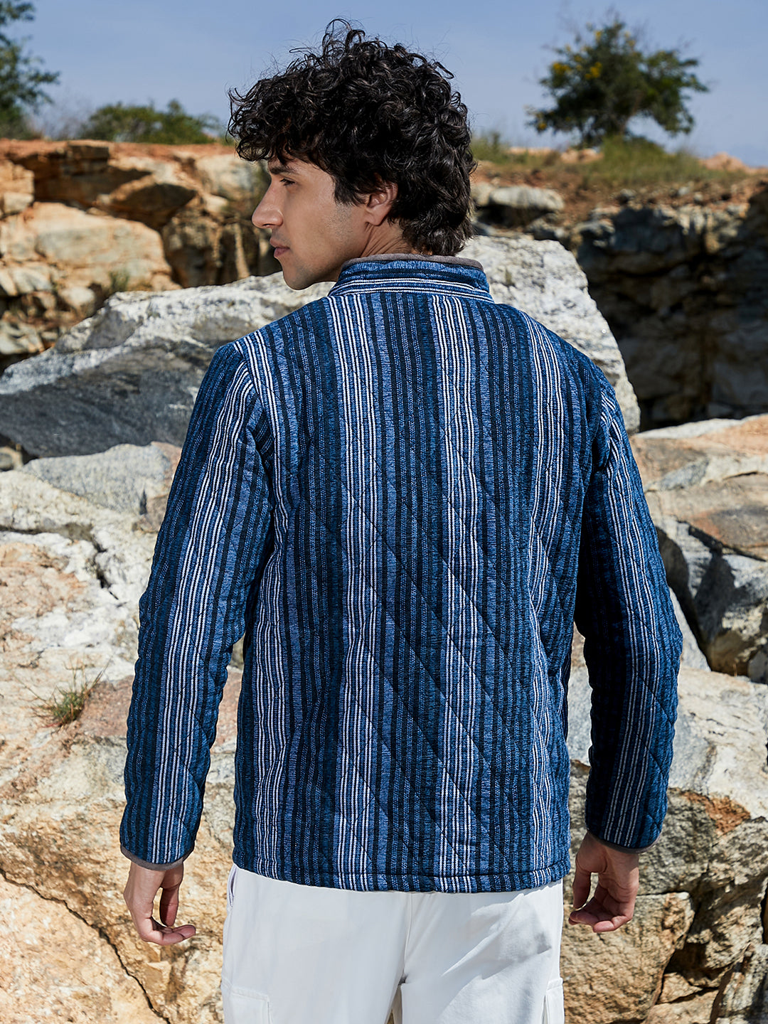 Mens Black Prussian Blue Striped Quilted Bomber Jacket